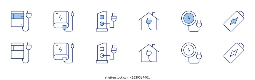 Ladesymbol in zwei Stilen, Duotone und Thin Line Stil. Bearbeitbarer Strich. Batterie, Smart Home, Power Bank, Wireless-Ladegerät, Ladestation.
