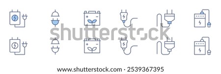 Charging icon set in two styles, Duotone and Thin Line style. Editable stroke. plug, rechargeable battery, power bank, charging, accumulator.