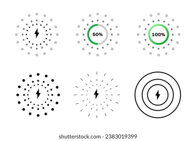 Charging icons. Black, charging lightning, charging icons 50%, 100%. Vector icons