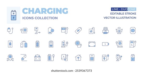 Charging icons collection. Line Duotone style, editable stroke. battery, parking, wireless charger, charger, charging station, smartphone, power bank, car battery, low battery, socket.