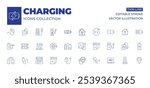 Charging icons collection. Thin Line icons, editable stroke. battery, battery charge, charger, rechargeable, usb, charging station, electric charge, electric station, global.