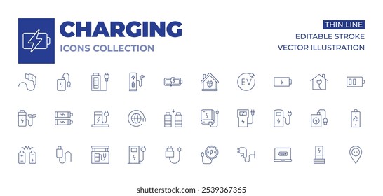 Charging icons collection. Thin Line icons, editable stroke. battery, battery charge, charger, rechargeable, usb, charging station, electric charge, electric station, global.