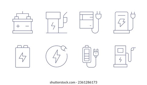 Cargando iconos. trazo editable. Con acumulador, batería, combustible ecológico, electricidad, carga de la batería, estación de carga, carga eléctrica.