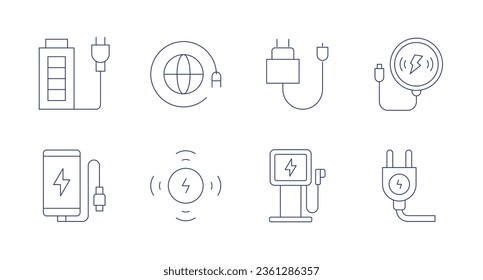 Charging icons. editable stroke. Containing charger, charging station, power plug, wireless charger, mobile phone, socket, global, wireless charging.