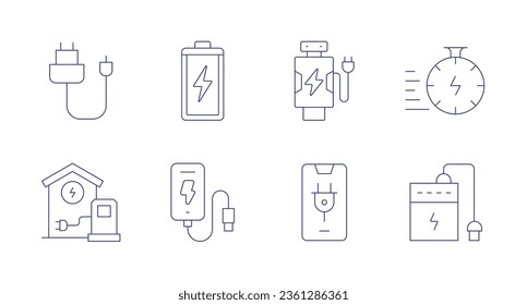 Cargando iconos. trazo editable. Conteniendo coche, carga, banco de energía, cronómetro, cargador, estación de carga, batería completa, carga telefónica.