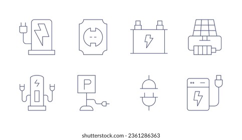 Charging icons. editable stroke. Containing car battery, charging, power bank, solar power, charger, charging station, parking, socket.