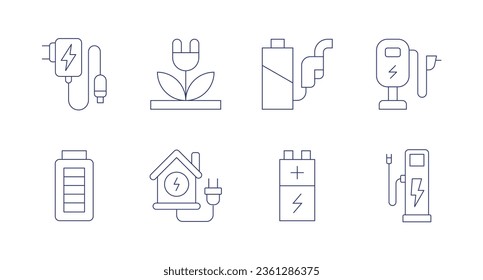 Charging icons. editable stroke. Containing adapter, battery, plug, power, battery level, charging station, electric charge.