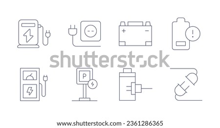 Charging icons. editable stroke. Containing car battery, charging, low battery, plug, charger, charging station, parking, socket.