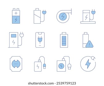 Charging icons. Line Duotone style, editable stroke. power bank, electric station, power generation, power, charging, battery level, socket.