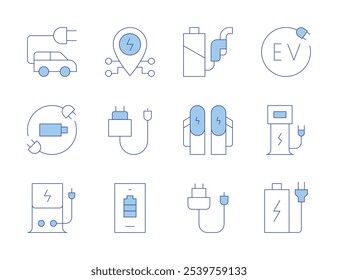 Charging icons. Line Duotone style, editable stroke. charger, electric station, smartphone, battery status, charging station, placeholder, battery, electric car.