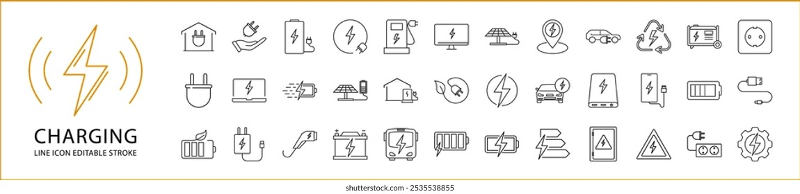 Charging icons In Line Style. Charging Icon Set. Vector Illustration. Editable Stroke.