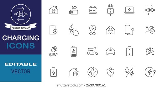 Charging icons set. Battery, energy, electricity, charger, recharge power, plug and more linear illustration. Thin UI minimalist icon design. Vector illustration.