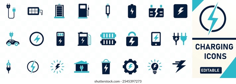 Conjunto de iconos de carga que contiene Recargo, batería, energía, electricidad, cargador, colección de iconos de Vector plano sólido
