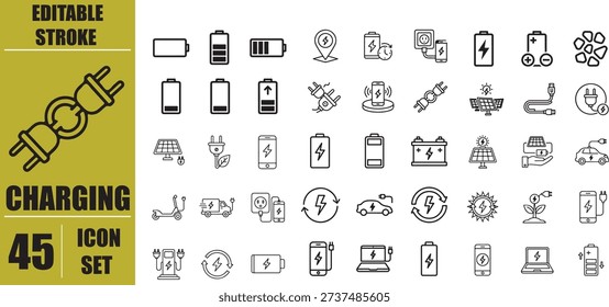 Charging Icons Set Editable Stroke Line Style, Battery Electric Plug Charging Station USB Cable Wireless Charger Power Bank Symbols, Technology Electronics Energy Vector Icon Pack for Infographics UI UX Web Mobile App Design