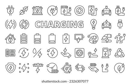 Charging icons set in line design. Battery, wireless, charger, fast charging, energy, accumulator, charging cable, power, station, electric car. Charging icons vector editable stroke