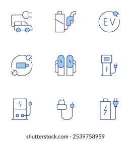 Charging icons set. Line Duotone style, editable stroke. ev, electric station, charging, battery status, charging station, battery, charger, electric car.