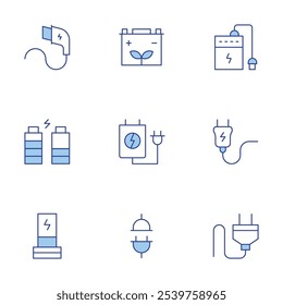 Charging icons set. Line Duotone style, editable stroke. plug, rechargeable battery, wireless charger, battery charge, charger, power bank, charging, accumulator.