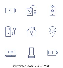Ladesymbole eingestellt. Stil der dünnen Linie, bearbeitbarer Strich. power bank, smart home, kabelloses ladegerät, aufladen, eco-batterie, elektrische station, elektrisch, Laptop, niedriger akku.