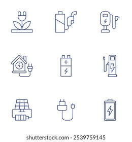 Charging icons set. Thin Line style, editable stroke. plug, power, solar power, battery, battery level, charger, charging station, electric charge, full battery.