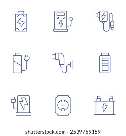 Charging icons set. Thin Line style, editable stroke. adapter, battery, car battery, battery level, charger, charging station, electric charge, socket.