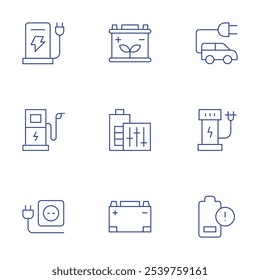 Charging icons set. Thin Line style, editable stroke. accumulator, battery, car battery, electric car, energy station, low battery, charging station, electric charge, socket.