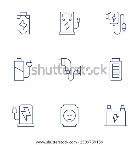 Charging icons set. Thin Line style, editable stroke. adapter, battery, car battery, battery level, charger, charging station, electric charge, socket.