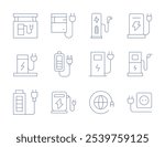 Charging icons. Thin Line style, editable stroke. battery, battery charge, charger, charging station, electric charge, socket, electric station, global.