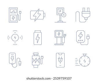 Iconos de carga. Estilo de línea delgada, carrera editable. batería, coche, carga, enchufe, powerbank, cronómetro, estación de carga, estacionamiento, Recargo del teléfono, carga inalámbrica.