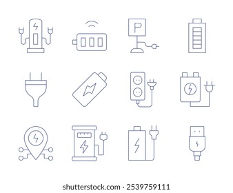 Charging icons. Thin Line style, editable stroke. battery, charge, charging, power, rechargeable battery, usb, charging station, parking, placeholder, power socket, plug.