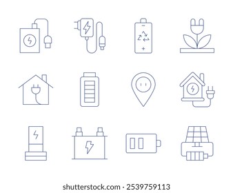 Iconos de carga. Estilo de línea delgada, carrera editable. batería, batería de coche, energía, energía solar, hogar inteligente, cargador inalámbrico, eléctrico, batería baja.