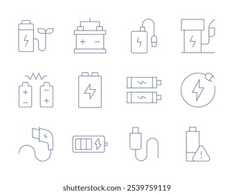 Iconos de carga. Estilo de línea delgada, carrera editable. batería, coche, carga, enchufe, powerbank, cronómetro, estación de carga, estacionamiento, Recargo del teléfono, carga inalámbrica.