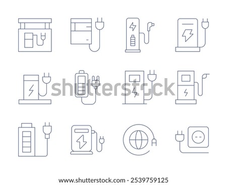 Charging icons. Thin Line style, editable stroke. battery, battery charge, charger, charging station, electric charge, socket, electric station, global.