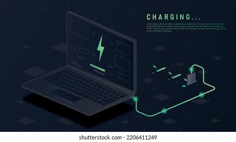 Charging laptop concept. Portable gadgets and devices, modern technologies and cyberspace. Advertising poster or banner for website. Electricity and energy, battery. Neon Isometric vector illustration