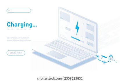 Charging laptop white banner. Portable computer with charging station and cable. Energy and power. Landing page design. Modern technologies, gadgets and devices. Isometric vector illustration