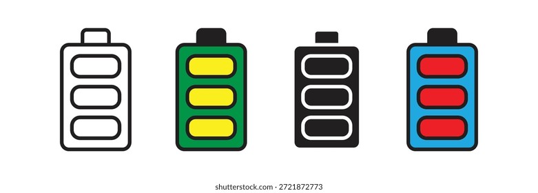 Iconos del indicador de nivel de carga que muestran diferentes estados de la batería. Ideal para el diseño de interfaz de usuario, App móviles, consumo de energía y gestión de energía de dispositivos electrónicos.