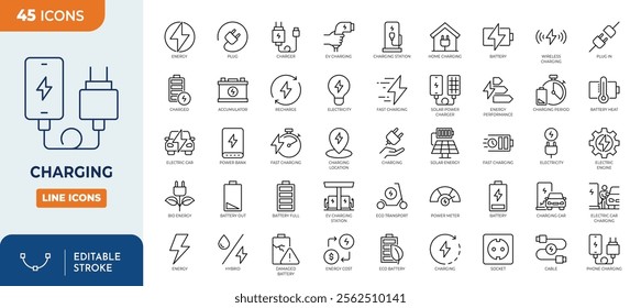 Charging line editable icon set. Containing charge, battery, energy, electricity, charger, recharge, electric car and charging station icons. Vector illustration.