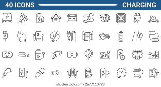 Conjunto de iconos editables de línea de carga. Contiene el Recargo, la batería, la energía, la electricidad, el cargador, la recarga, el coche eléctrico y los iconos de la estación de carga. Trazo editable. Ilustración vectorial