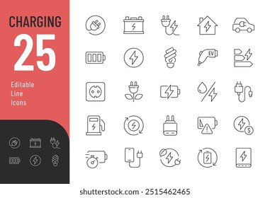 
Charging Line Editable Icons set. Vector illustration in thin line modern style of electricity related icons: battery, energy, charger, and more. Isolated on white
