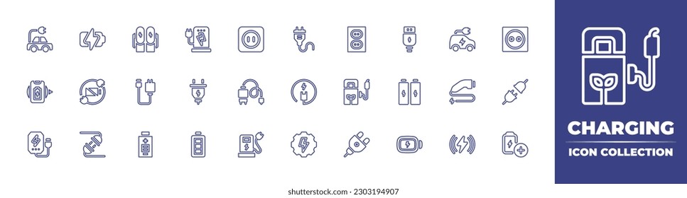 Charging line icon collection. Editable stroke. Vector illustration. Containing electric car, battery charge, electric station, charger, socket, charging, usb, wireless charger, battery status, power.
