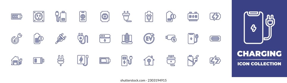 Colección de iconos de línea de carga. Trazo editable. Ilustración vectorial. Con energía, enchufe, batería baja, smartphone, enchufe de alimentación, batería, iluminación, enchufe, nivel de batería, alimentación, ev, carga, usb.