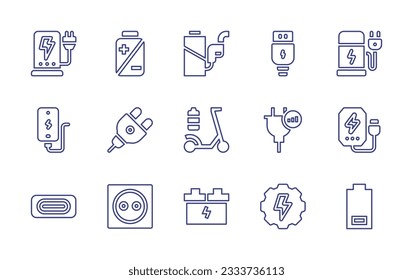 Charging line icon collection. Editable stroke. Vector illustration. Containing charger, charge, battery, usb, electric charge, charging, plug, electric scooter, powerbank, usb port, socket.