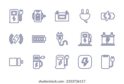 Charging line icon collection. Editable stroke. Vector illustration. Containing charging station, wireless charger, accumulator, cable, battery, wireless, full battery, charging.