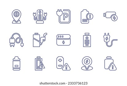 Charging line icon collection. Editable stroke. Vector illustration. Containing placeholder, charging station, charging, low battery, battery, phone charger, power, plug, low battery level, charge.