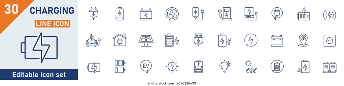 Charging line icon set. Set of 30 outline icons related to battery, charge, recharge, charging station, energy, recharge, battery low and others. Editable stroke. Vector illustration.