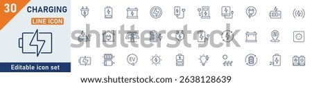 Charging line icon set. Set of 30 outline icons related to battery, charge, recharge, charging station, energy, recharge, battery low and others. Editable stroke. Vector illustration.