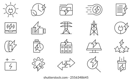 Charging line icon set. Containing charge, battery, energy, electricity, charger, recharge, electric car, power bank, headset, cable, sim card, and phone case line icon set. Ui thin line icon pack.