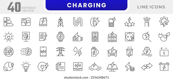 Charging line icon set. Containing charge, battery, energy, electricity, charger, recharge, electric car, power bank, headset, cable, sim card, and phone case line icon set. Ui thin line icon pack.