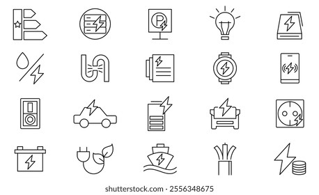 Charging line icon set. Containing charge, battery, energy, electricity, charger, recharge, electric car, power bank, headset, cable, sim card, and phone case line icon set. Ui thin line icon pack.