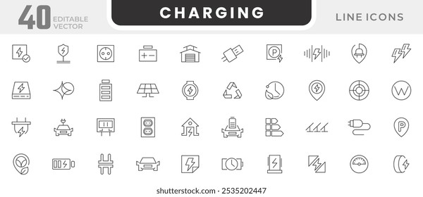 Charging line icon set. Electric car, EV charging, power, hybrid, eco-friendly, battery charging, electric bus, Plug-In, app, template line icon set. UI thin line icon pack.