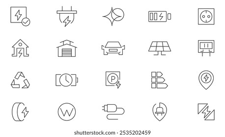 Charging line icon set. Electric car, EV charging, power, hybrid, eco-friendly, battery charging, electric bus, Plug-In, app, template line icon set. UI thin line icon pack.